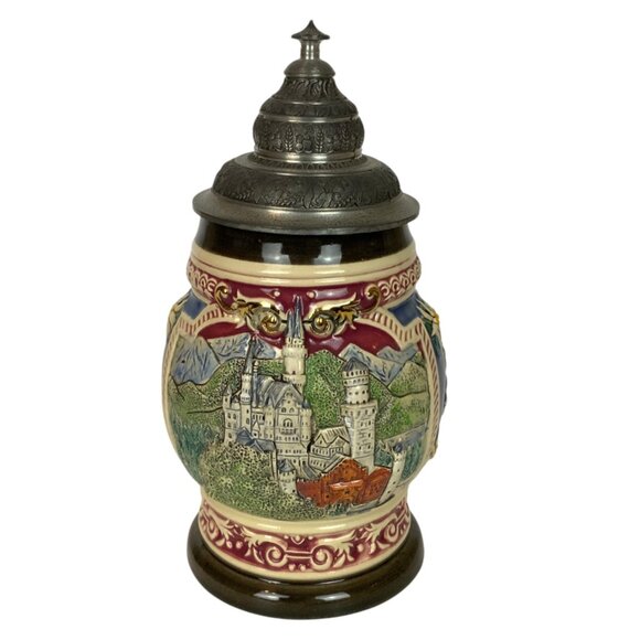 Vintage Gerz German Beer Stein With Lid .5L Neuschwanstein Castle Floral Design - Picture 2 of 8